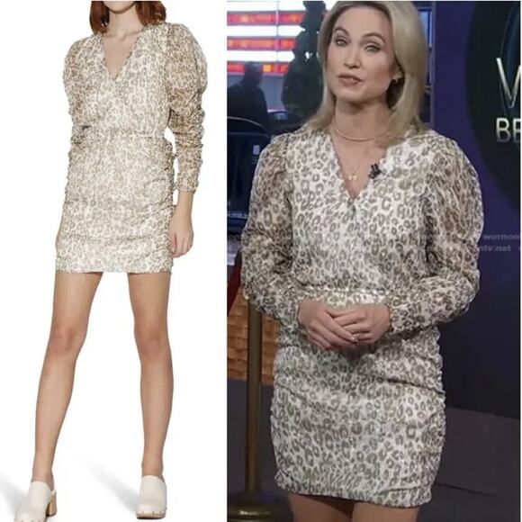 Walter Baker Deena Dress Surplice Faux Wrap Cream Tan Leopard Print NEW Womens L - Picture 1 of 11